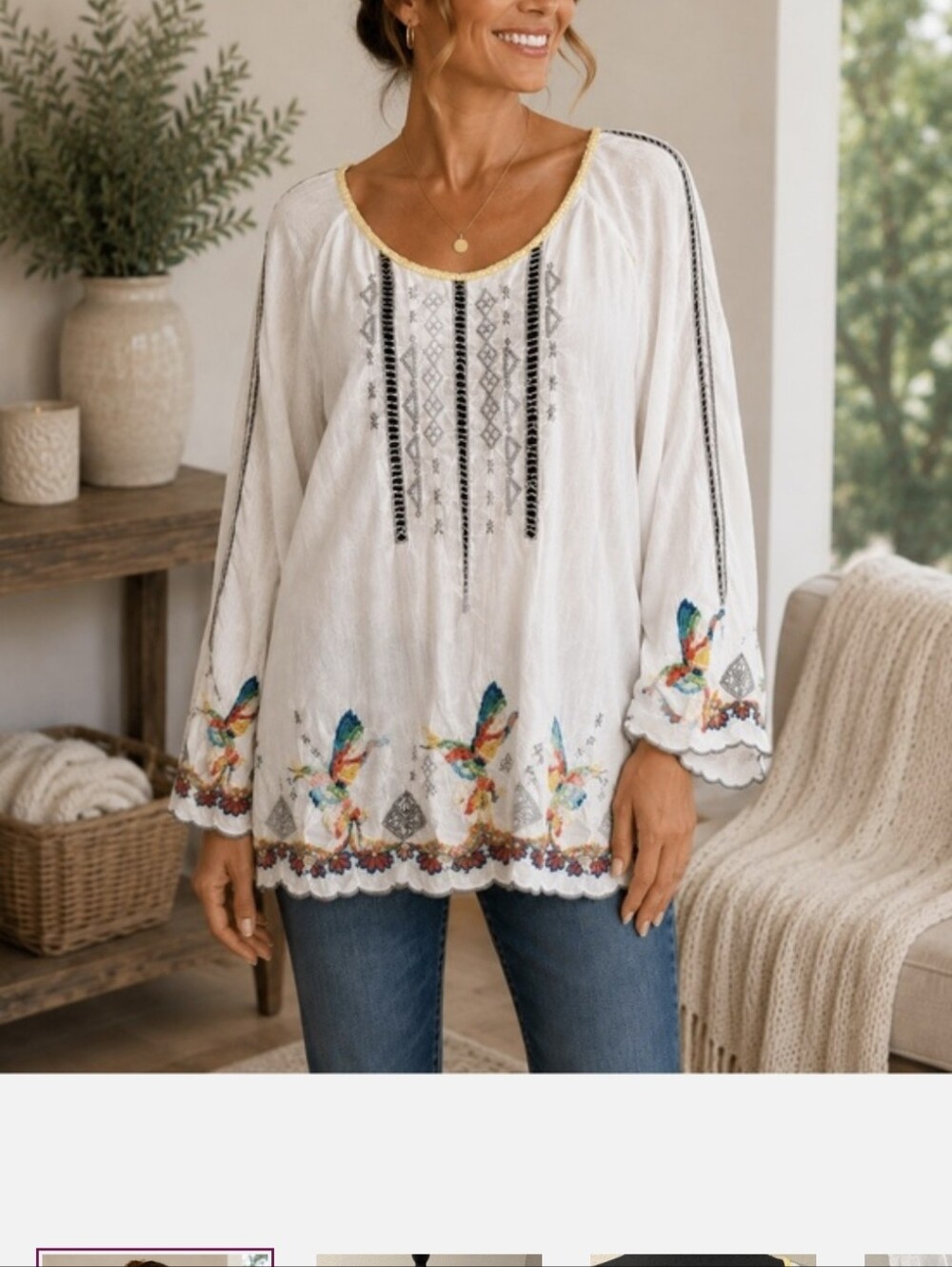 Johnny Was 2X White Hummingbird Embroidered Boho Tunic Blouse Long Sleeve